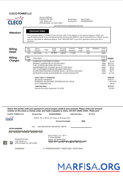 Printable USA Louisiana Cleco Power electricity business utility bill template in Word and PDF formats